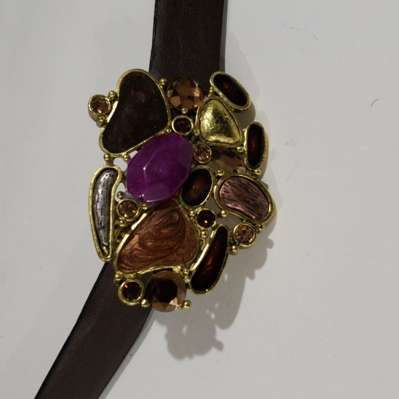 Chico's Brown Leather Belt w/ Gold & Multi-Stone Buckle  Stylish Women's Fashion - Picture 3 of 8